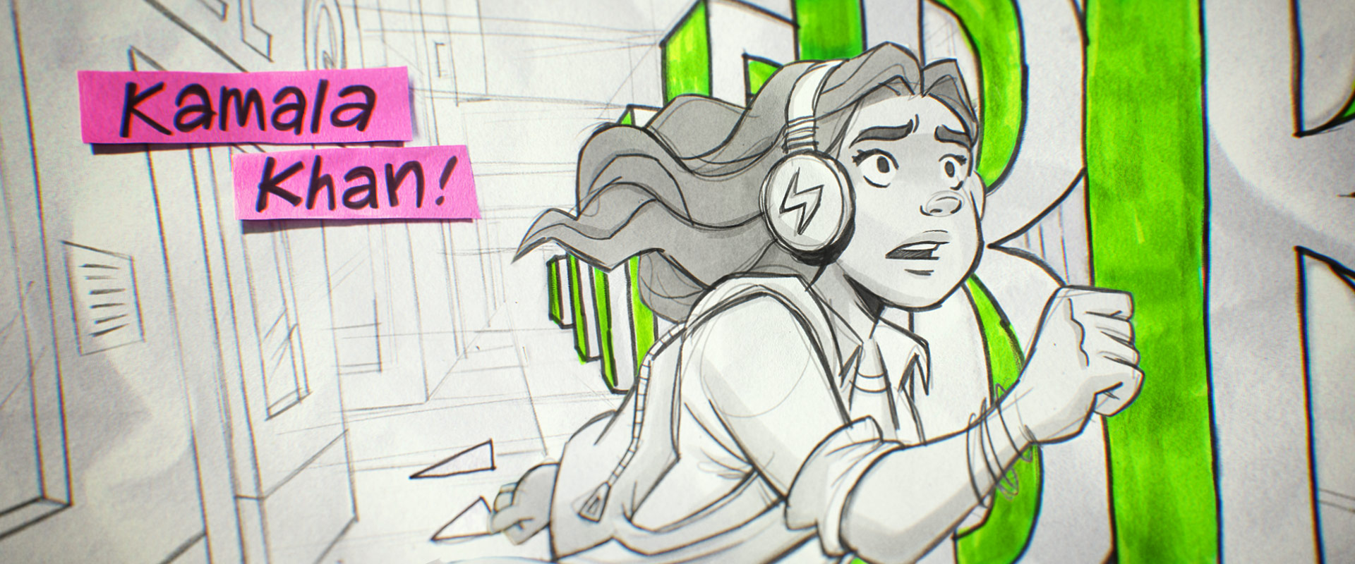 stylised cartoon of Kamala Khan running