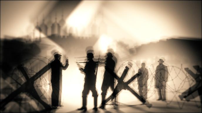 silhouttes of nazi soldiers pulling guns on citizens. the image is covered in barbed wire